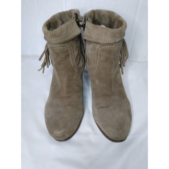 Sam Edelman WOMEN'S Size 7 US Tan Suede Louie Fringe Ankle Boots Stacked Heel - Picture 2 of 12